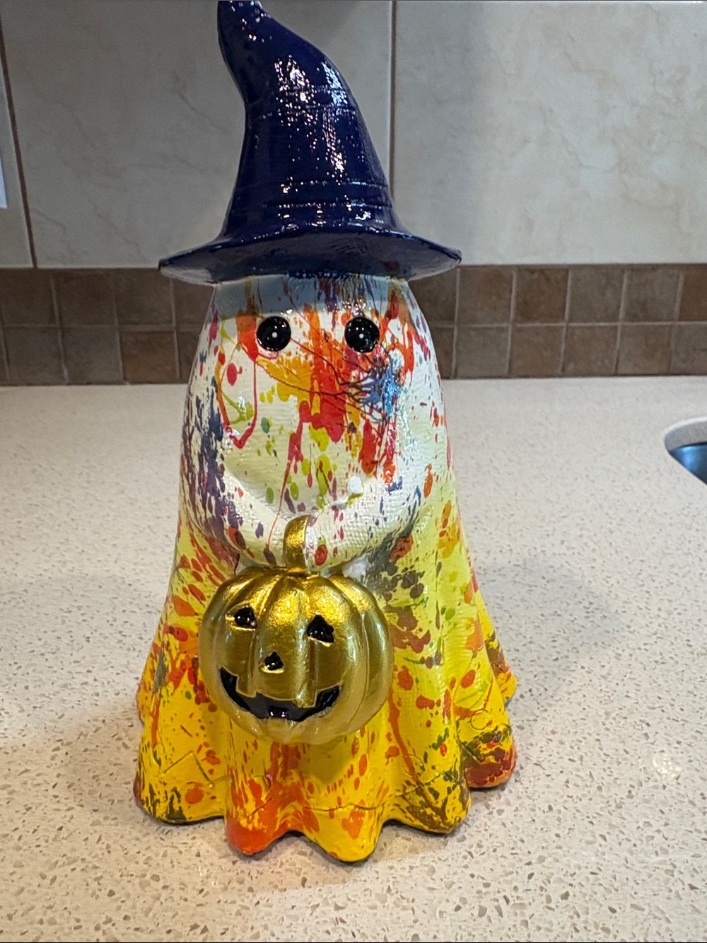 Hand-Painted Yellow Halloween Ghost Figurine with Blue Hat